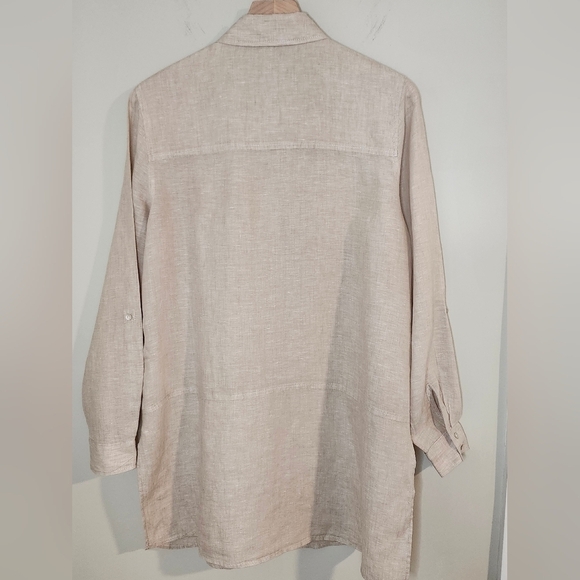 Tahari Women's 100% Linen Tunic Top Size M Khaki Roll Tab Minimalist Scandi Chic - Picture 2 of 9